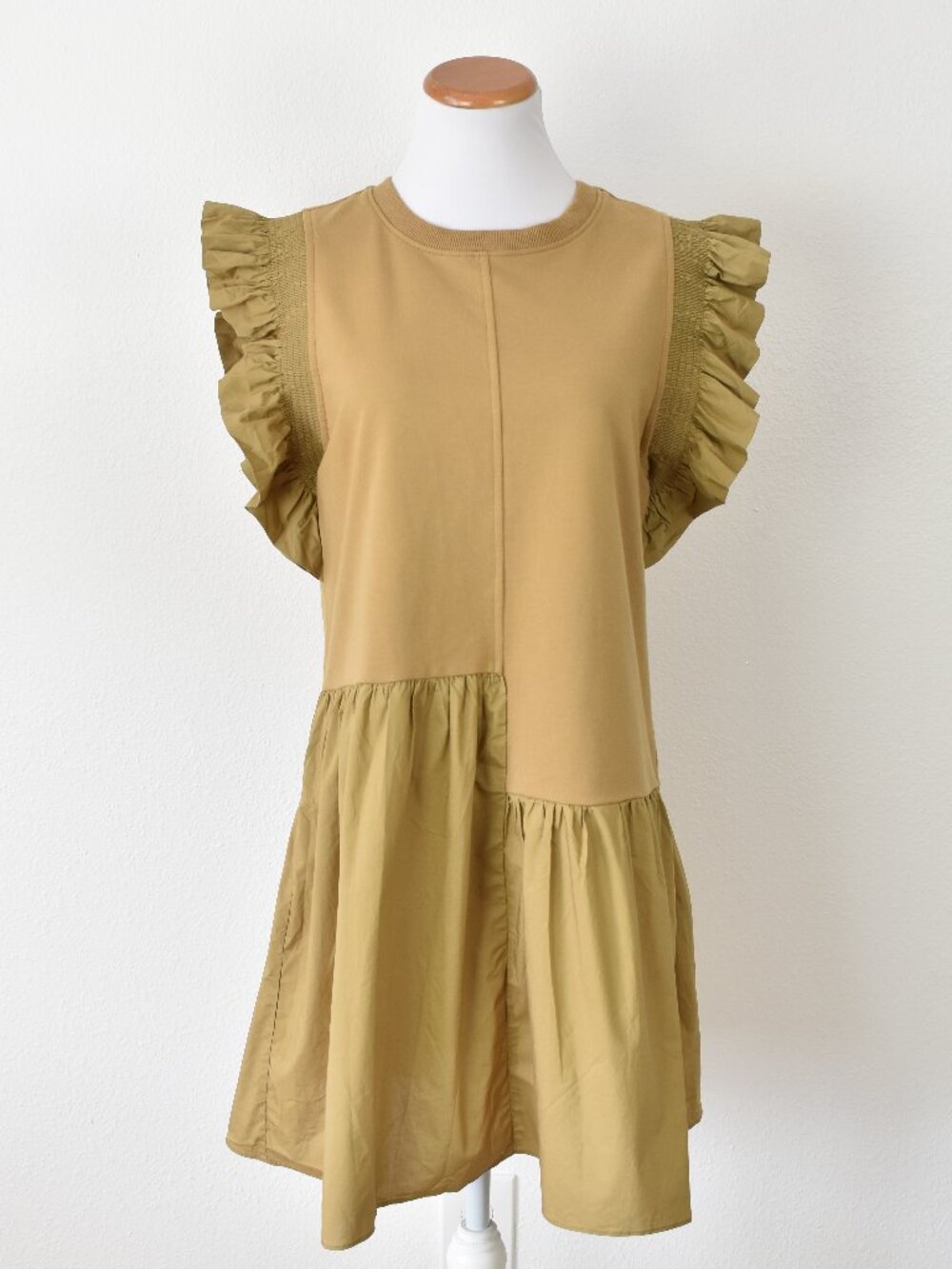 English Factory Mixed Media Ruffle Sleeve Dress Tan - M